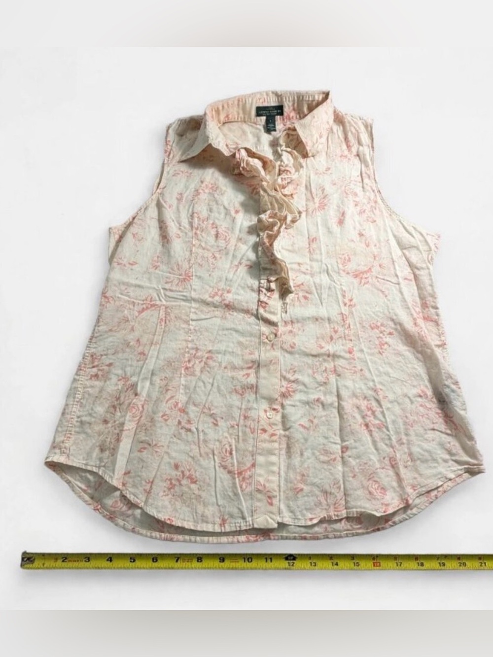 Lauren Jeans Co Floral Sleeveless Blouse Womens L Ruffle Placket Button Front